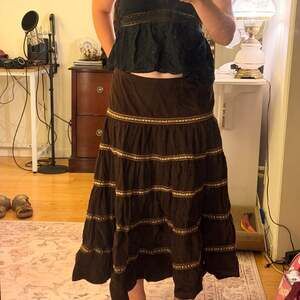 Magic Brown Corduroy Tiered Boho Midi Skirt with Metallic Trim
